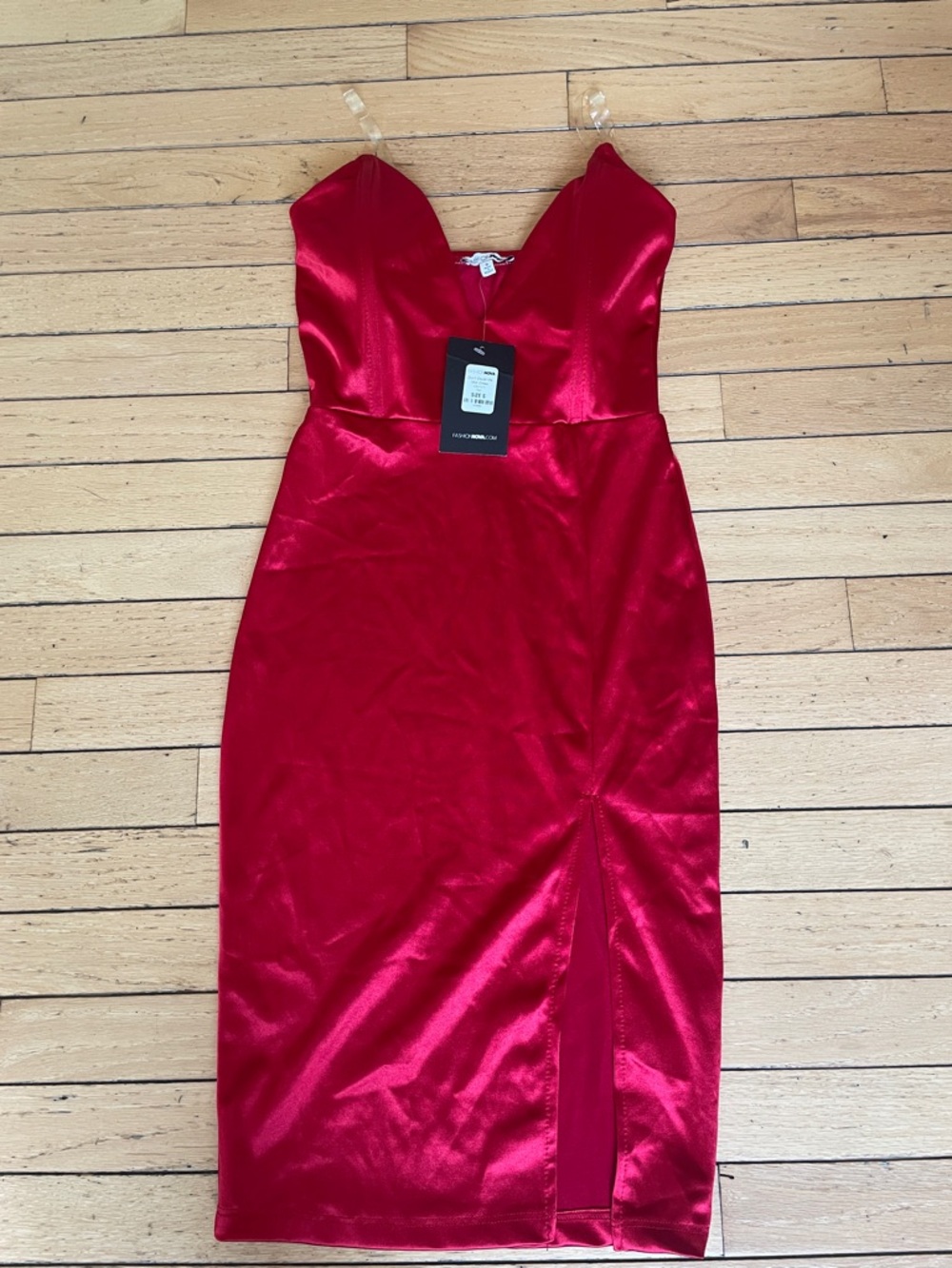 Fashion Nova Red Satin V-Neck Midi Dress with Front Slit